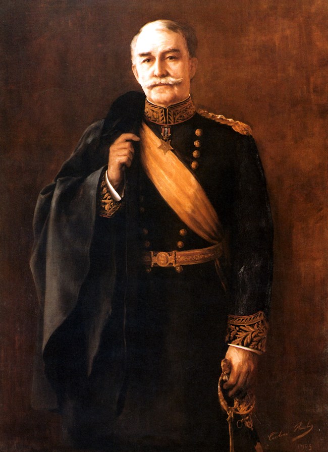Painted portrait of man in formal military uniform.