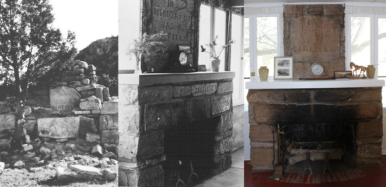 Montage of three photos of a stone monument and two fireplaces.