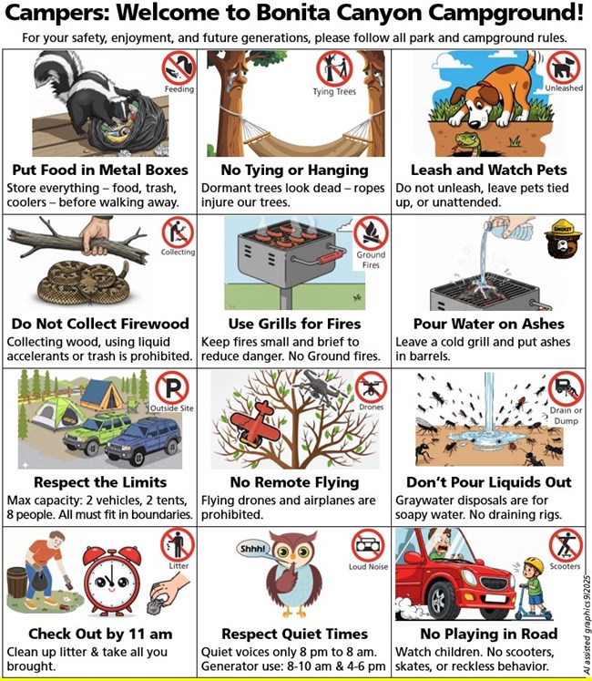 sign posted on campground picnic tables shows important rules like no feeding animals, tying trees, unleashed pets, collecting wood, ground fires, parking outside site, drones, dumping liquid, playing in road AND check out at 11 am respect quiet time
