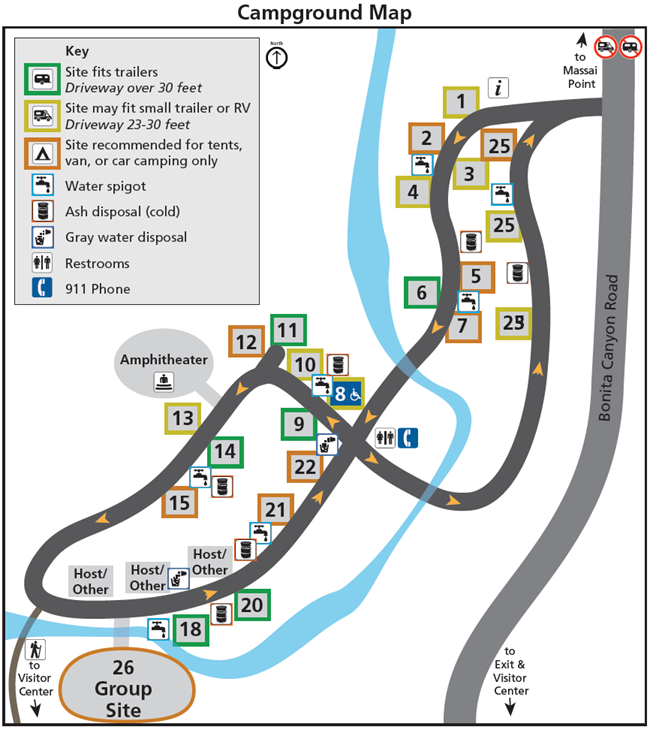 images shows a map of campground with sites color coded by what size vehicle is likely to fit in the site