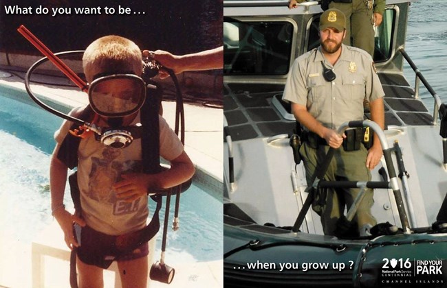 boy with scuba gear; man on boat