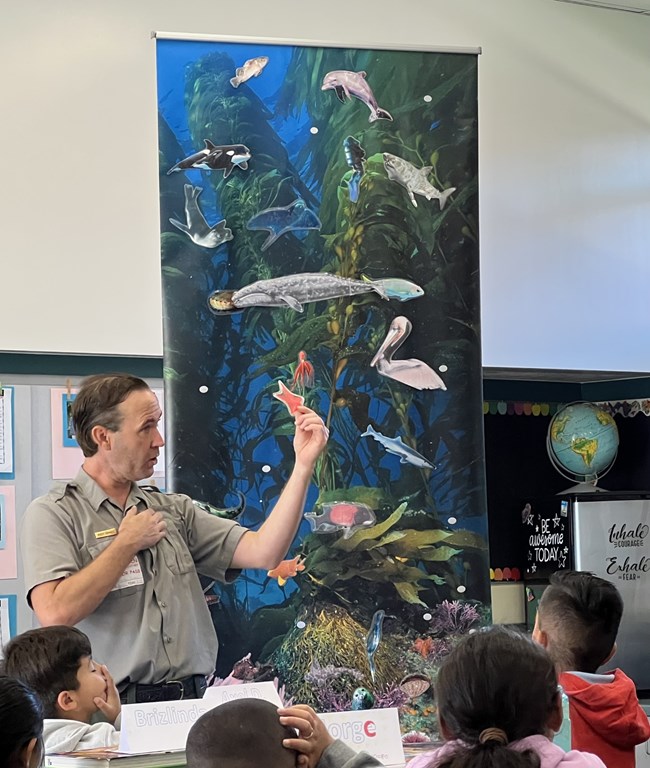 Ranger shows a fake sea star to a classroom with a kelp forest image in the background.