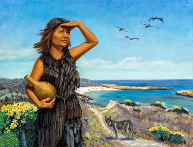 a painting of a brown skinned woman in a black bird feather dress standing on an island. She holds a woven water bottle basket. Yellow flowers and a dog are in the background.