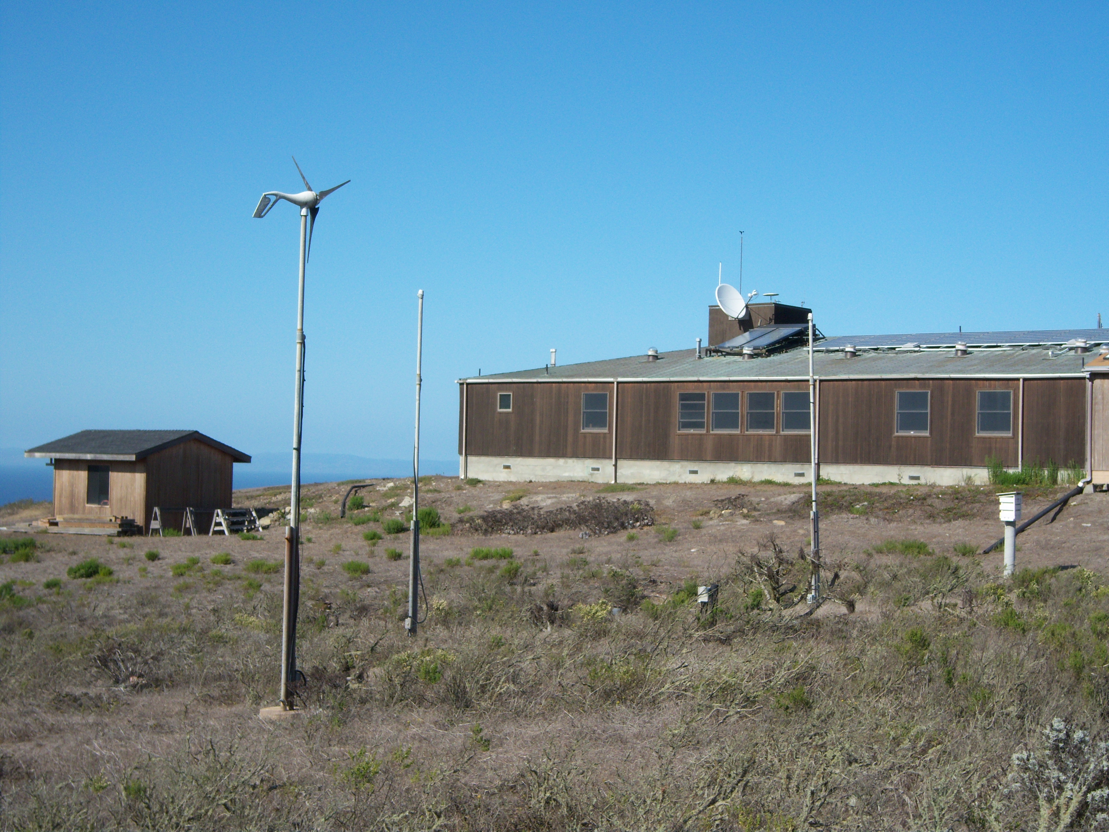 wind turbine and solar panels on building