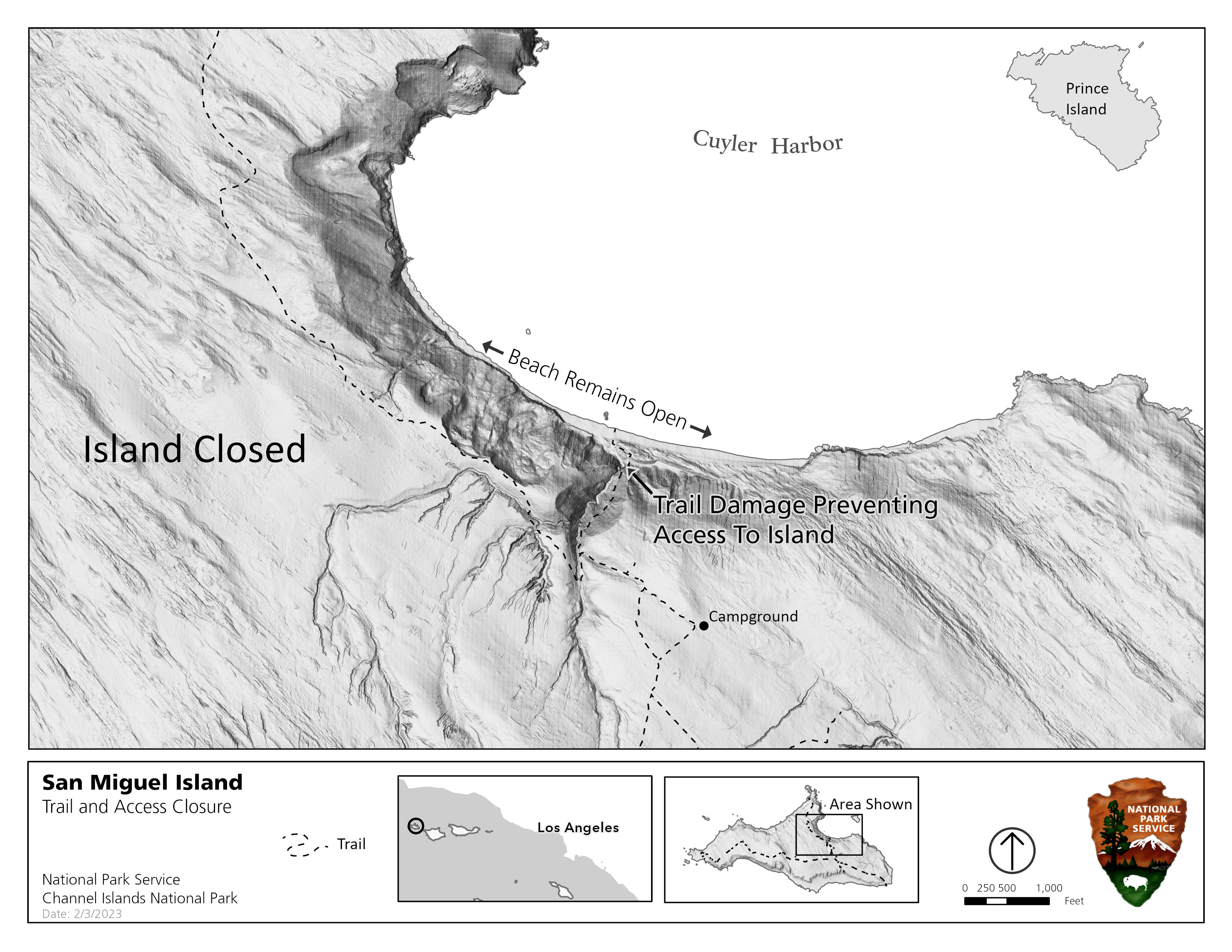 map of a harbor with closed text on the trail leading up a  canyon
