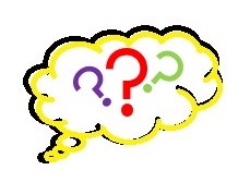 A yellow & black think bubble with purple, red and green question marks inside.