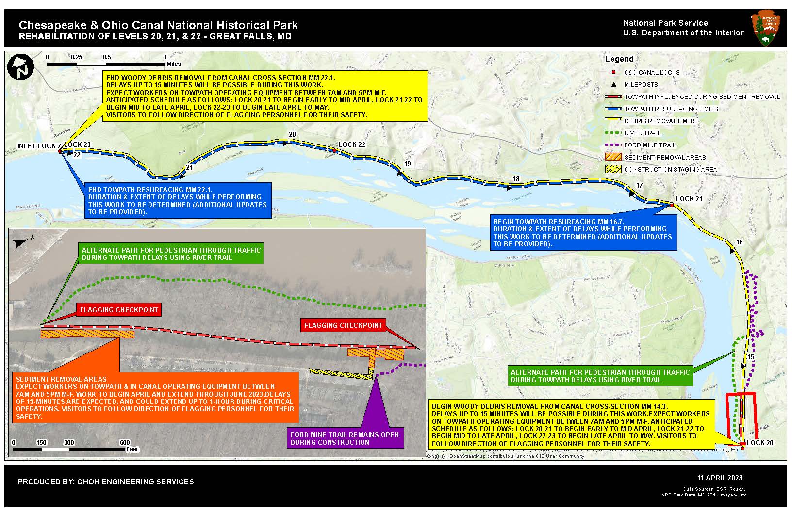 An aerial map with colorful text boxes showing project impacts