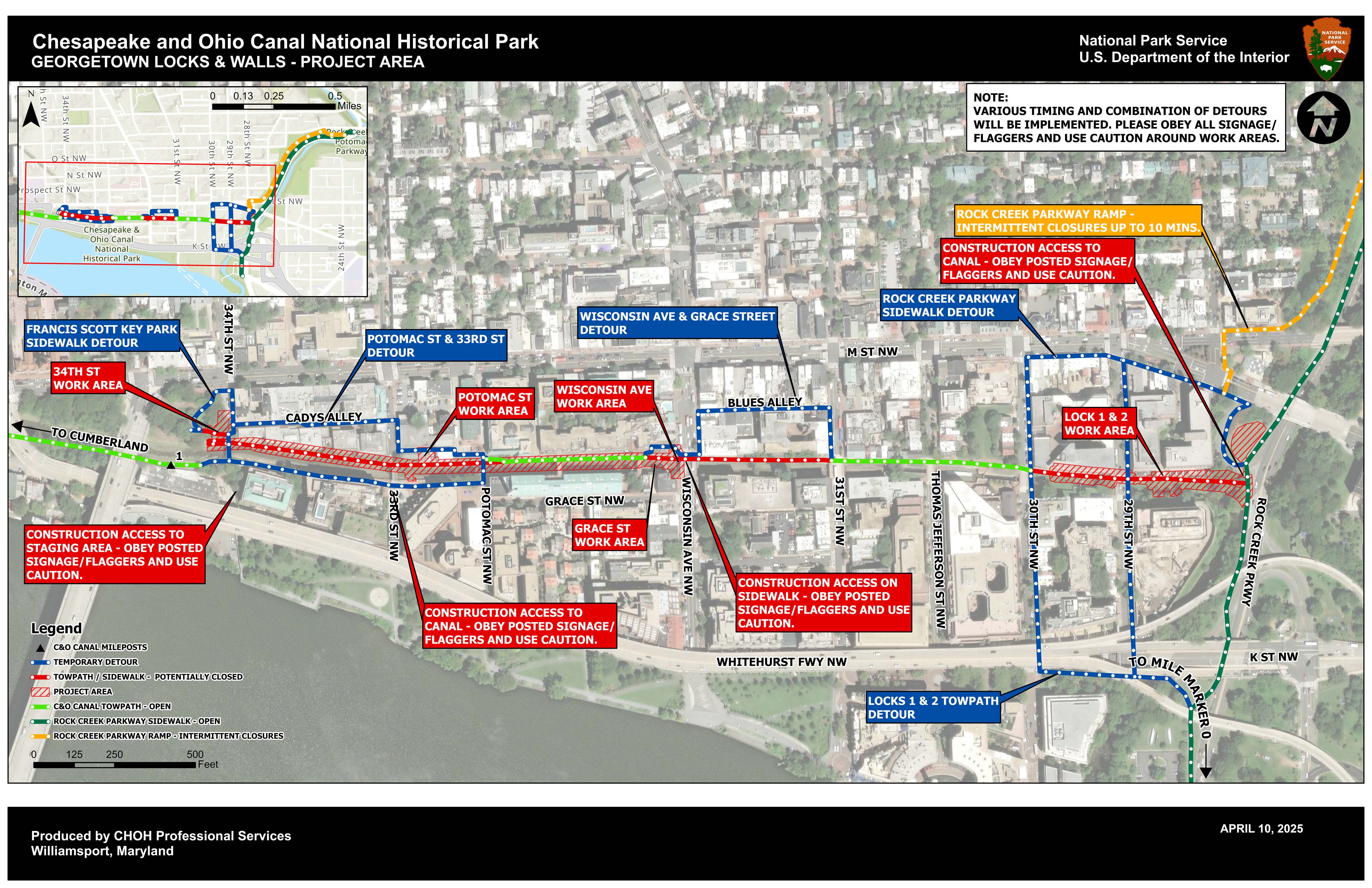 Map of project area in Georgetown showing potential closures of the towpath and detour routes.