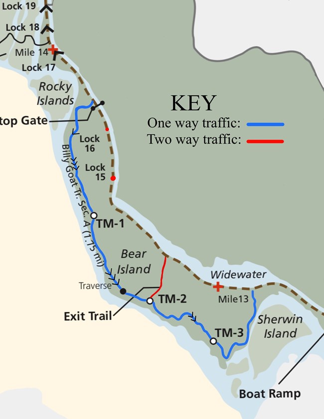 Map showing one-way trail direction going downstream.