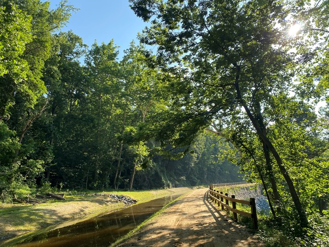 A gravel pathway runs between a wooden railing and a watered canal prism