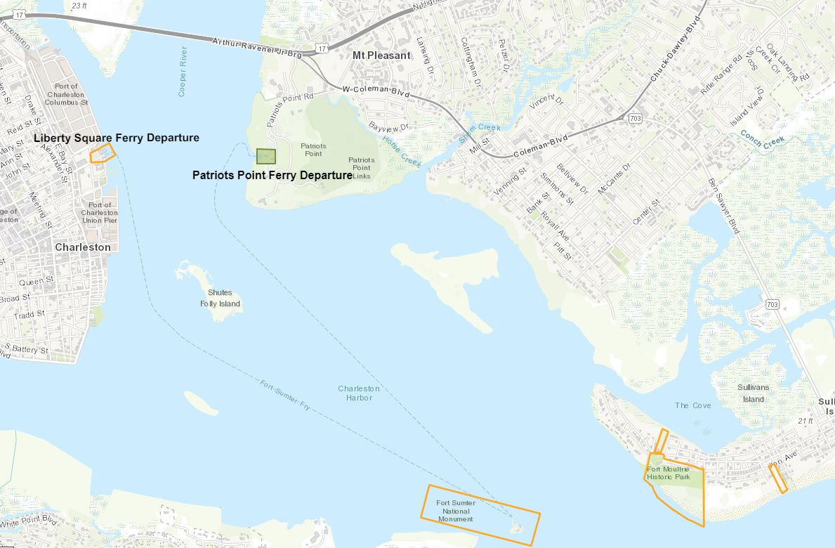 A Charleston area road map depicting the properties managed by Fort Sumter and Fort Moultrie National Historical Park. Particular attention is placed on identifying Fort Sumter ferry departure points at Liberty Square and Patriots Point.