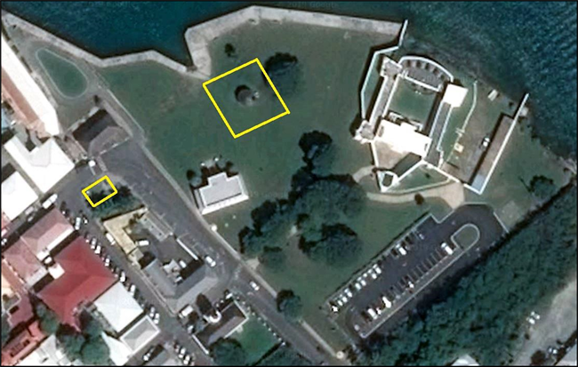 An aerial view of Christiansted National Historic Site buildings with two yellow boxes showing First Amendment areas.