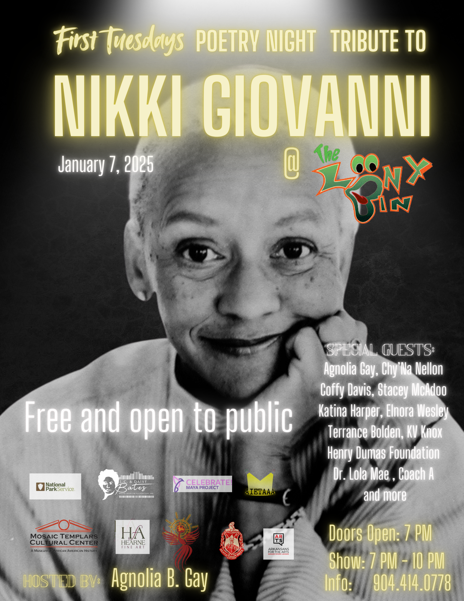 A promotional flyer for “First Tuesdays Poetry Night: Tribute to Nikki Giovanni” on January 7, 2025, at The Loony Bin. The flyer features a grayscale image of Nikki Giovanni smiling, with yellow and white text detailing event information.
