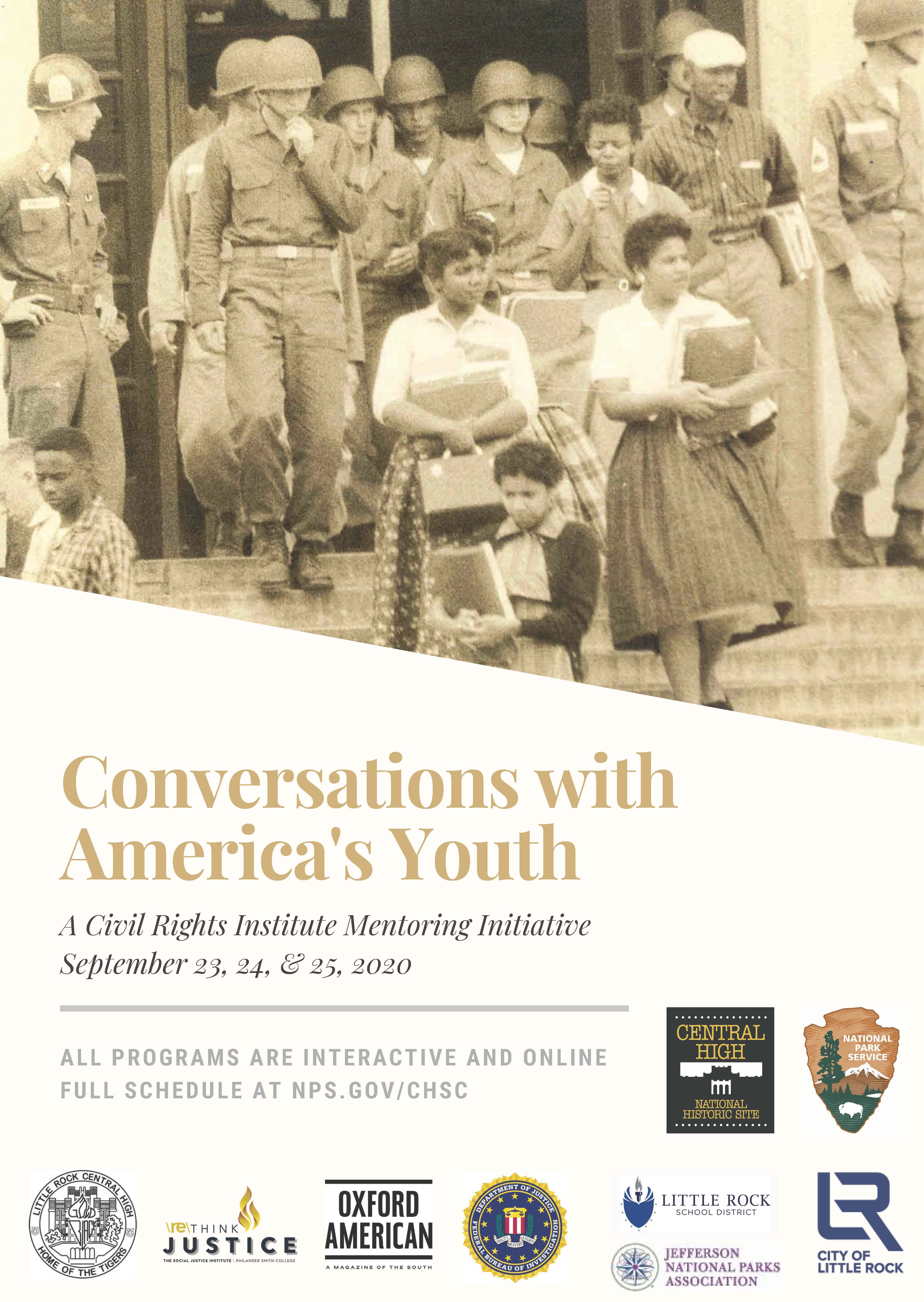 Program flyer with partner logos and a photo of several members of the Little Rock Nine leaving Central High School