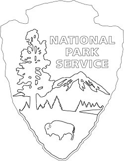NPS arrowhead in black and white outline showing NATIONAL PARK SERVICE on top right, trees, lake and mountain range in center and bison on lower center.