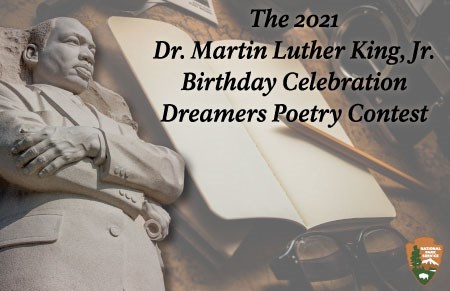 An African American stone statue on left with text reading 2020 Dreamers Poetry Contest
