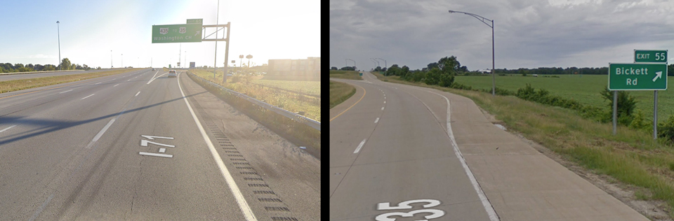 A roadway with green exit signage hanging above the road