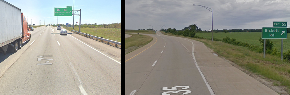A roadway with green exit signage hanging above the road
