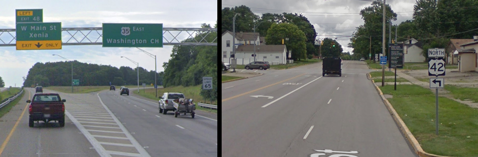 A roadway with green exit signage hanging above the road