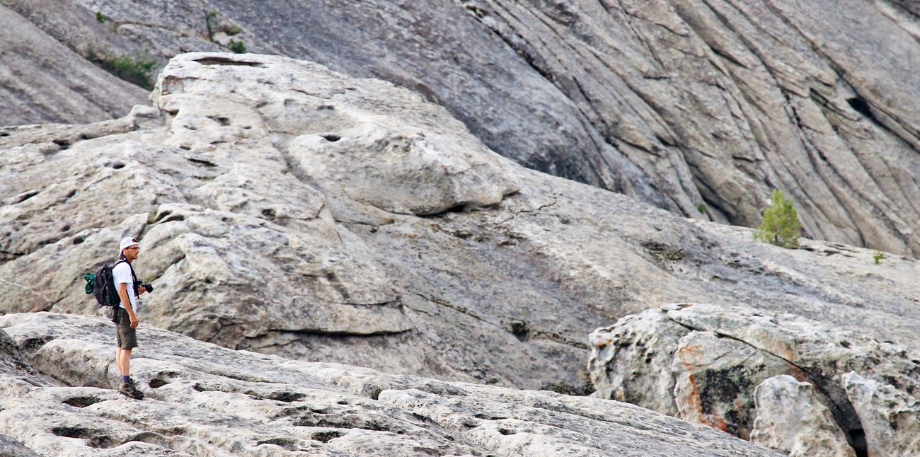 A person with a camera stands surrounded by a sea of granite.