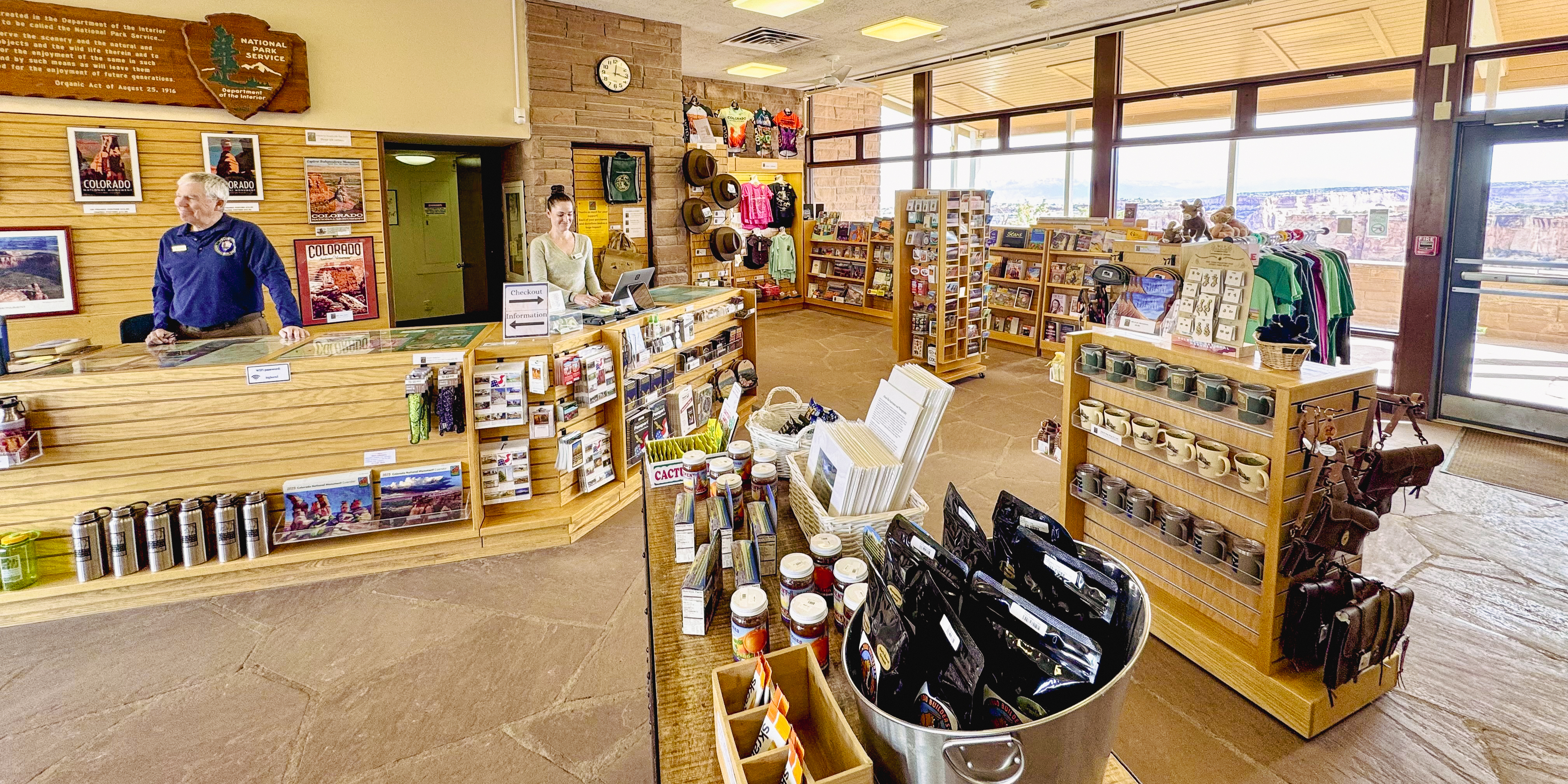 bookstore with souvenirs and friendly staff behind desk