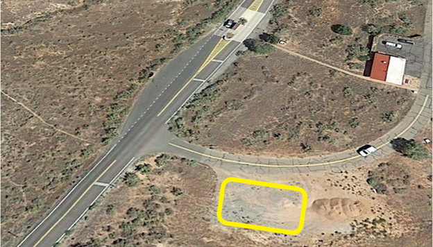 Aerial view of East Entrance at the Colorado National Monument with the Public Assembly Area A parking lot outlined.