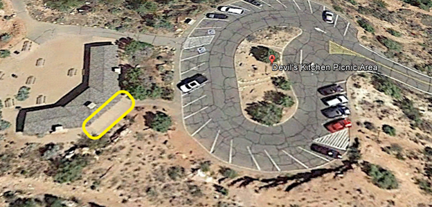 Aerial view of the Colorado National Monument East Entrance Public Assembly Area B with a parking lot highlighted in yellow.