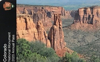 Colorado National Monument 2020 Annual Pass with photo of various rock formations, canyons and vegetation in Colorado National Monument