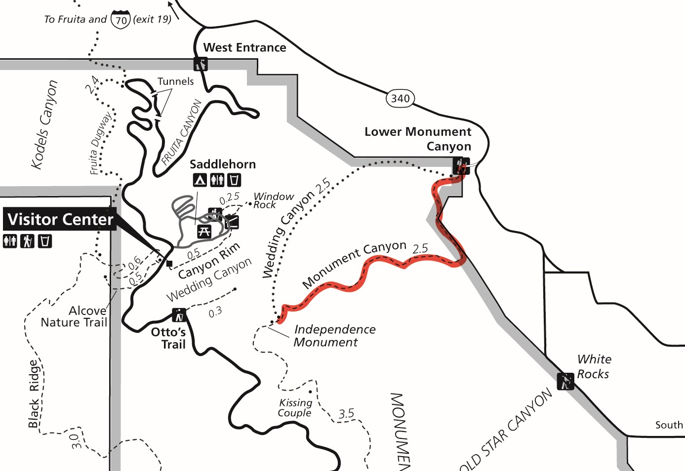 Red highlights closed lower portion of Monument Canyon Trail, extending from NW trailhead towards SW at Independence Monument