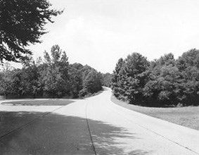 View of the Colonial Parkway as it approches one of the many pullouts along its path
