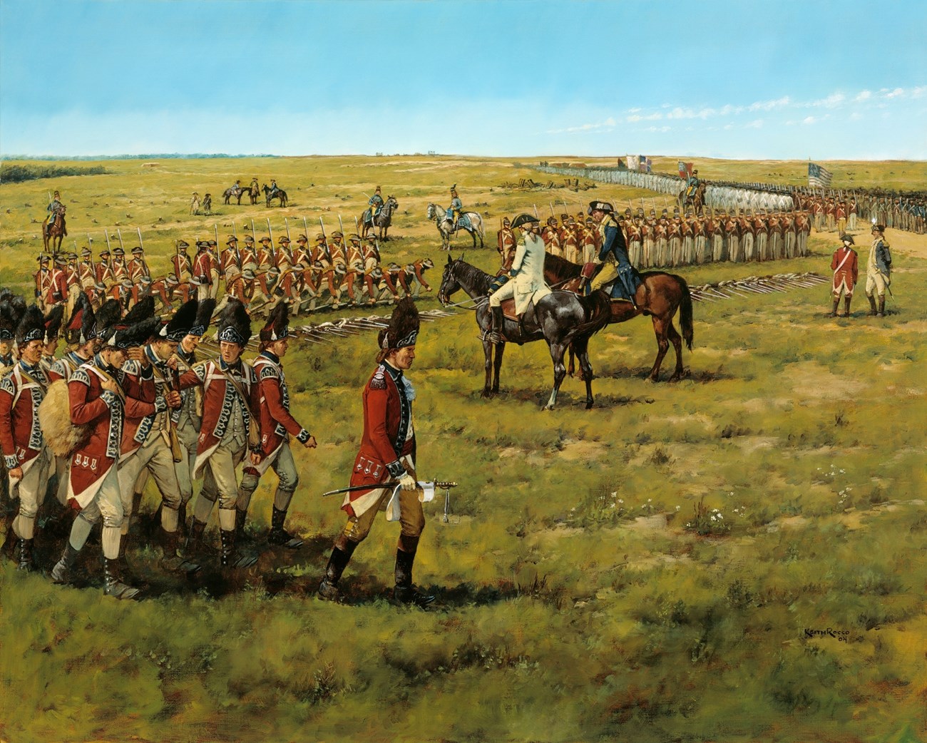An oil painting depicts British troops marching in line across the battlefield. They look distressed. To the right members of the continental army look on.