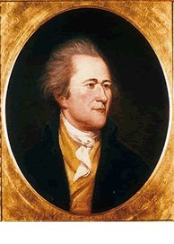 A painting of Colonel Alexander Hamilton. He is a white man dressed finely and has a receding hairline with straight brown hair.