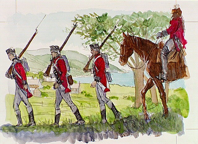 An illustration depicts three British soldiers marching in a line with muskets on shoulders. Behind them a soldier mounted on horseback follows.