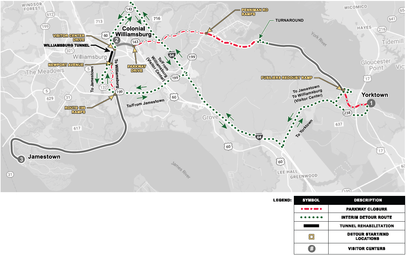 May 2026 Colonial Parkway Detour Map