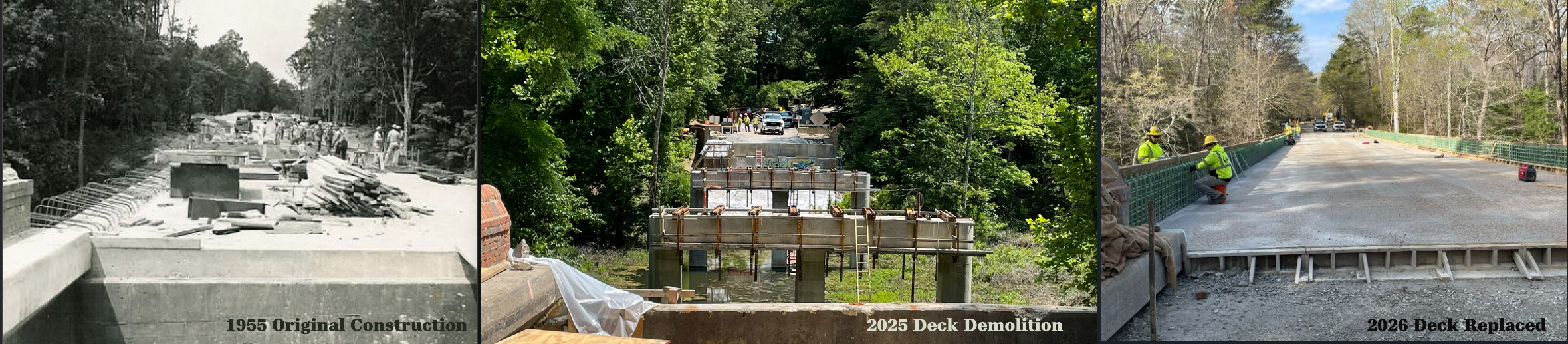 A montage of three photographs of bridge being built then renovated