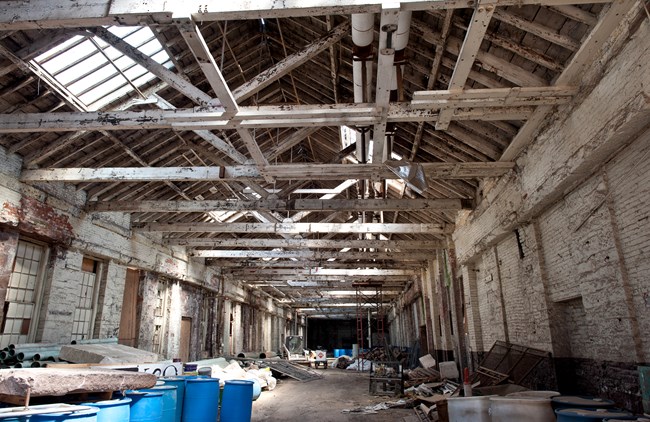 Interior of Foundry Building with exposed beams and brick walls