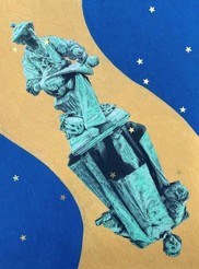 Image of bronze statues of Samuel Colt as an older man in a flowing coat and as a younger man in a sailor uniform connected at their bases and positioned in a yellow background with an outer blue background with gold stars.