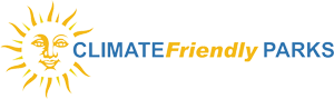 Text: Climate Friendly Parks with a sun in the background