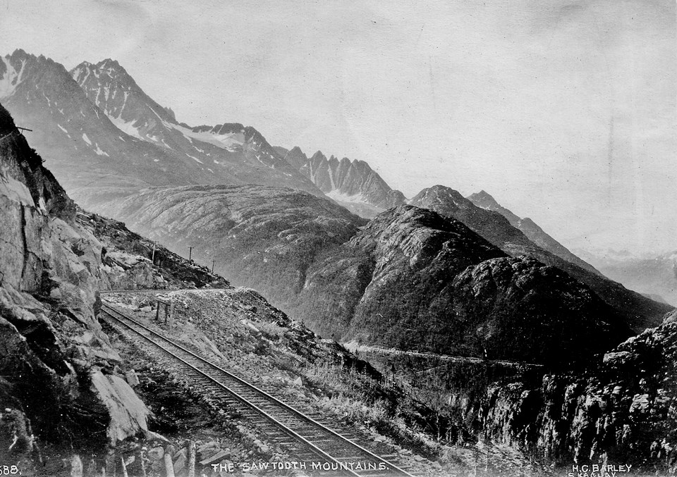 Black and white image of train tracks and mountains