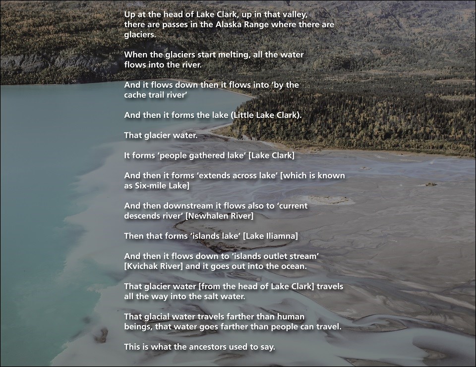 A poem in the traditional Dena'ina language about glacial water. Both versions of this poem can be found in the Respect The Land, It's a Part of Us pdf below on page 11.