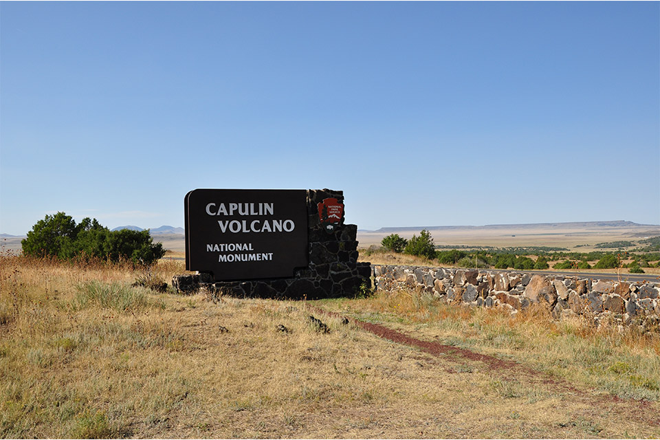 An entrance sign in a grassy field perpendicular to a rock wall.