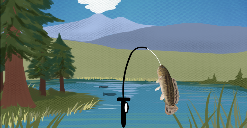 A view of the lake showing tall Redwoods near the edge. On the right is a fishing pole reeling in a large bowfin fish.