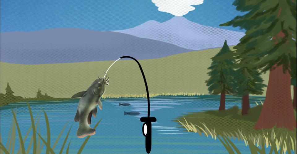 On the left is a picture of the lake with fish shaped shadows in the water. Half of the fishing pole is seen in the center. On the right is a photograph of a fossilized catfish.