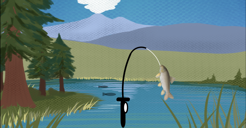 On the left is the lake with tall Redwood trees shown along with edge. A fishing pole reeling in a white colored sucker fish is show on the right side.
