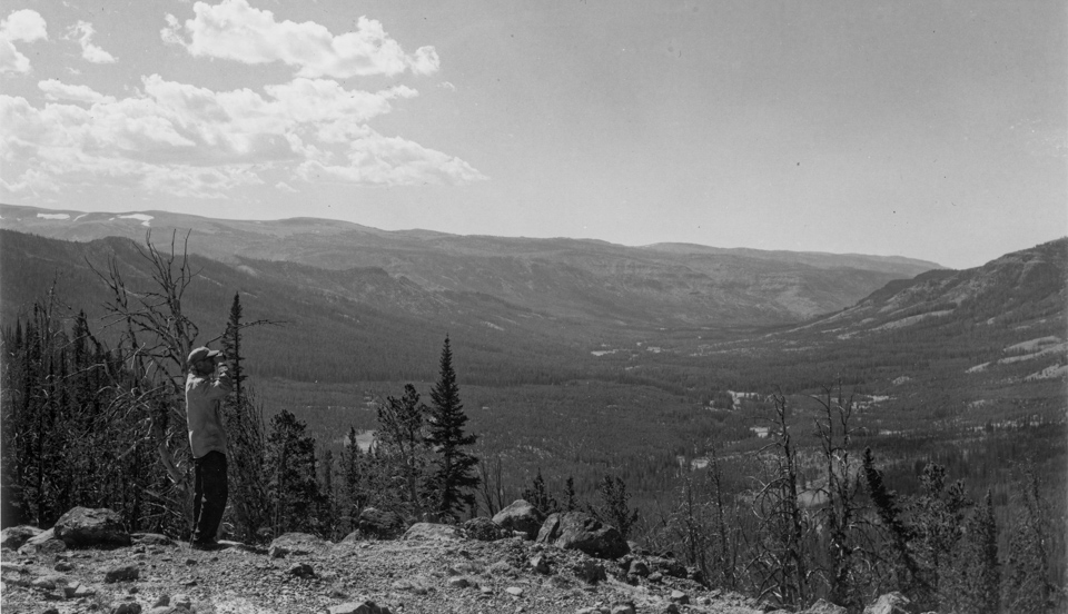 A man stands on a promontory with binoculars, looking out over a forested valley with mountains on either side and a river flowing down the center.