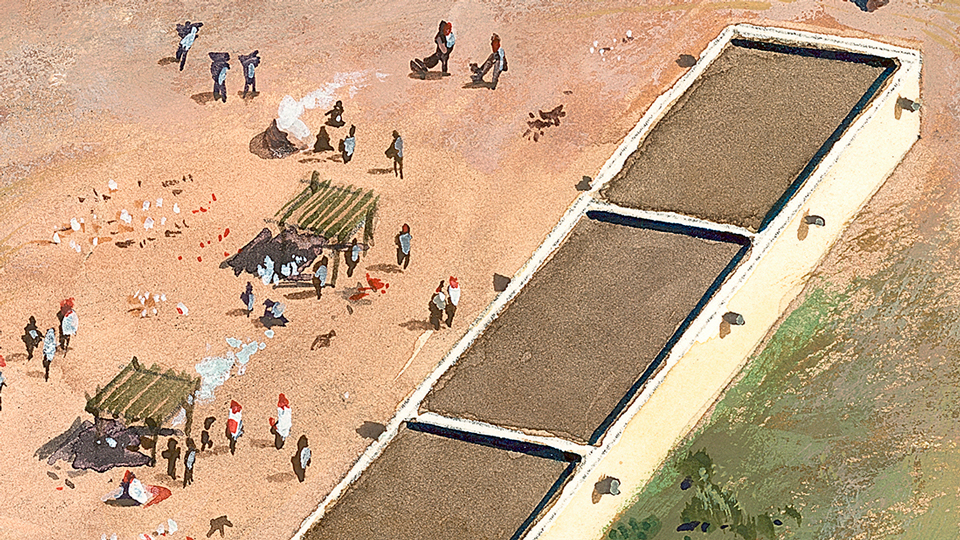 illustration of ramadas with smoke, figures, and low slung buildings