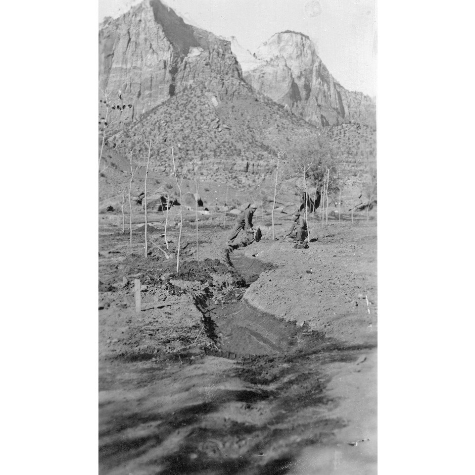Black and white photo of two men working in near a ditch and saplings with Zion Canyon in the background.