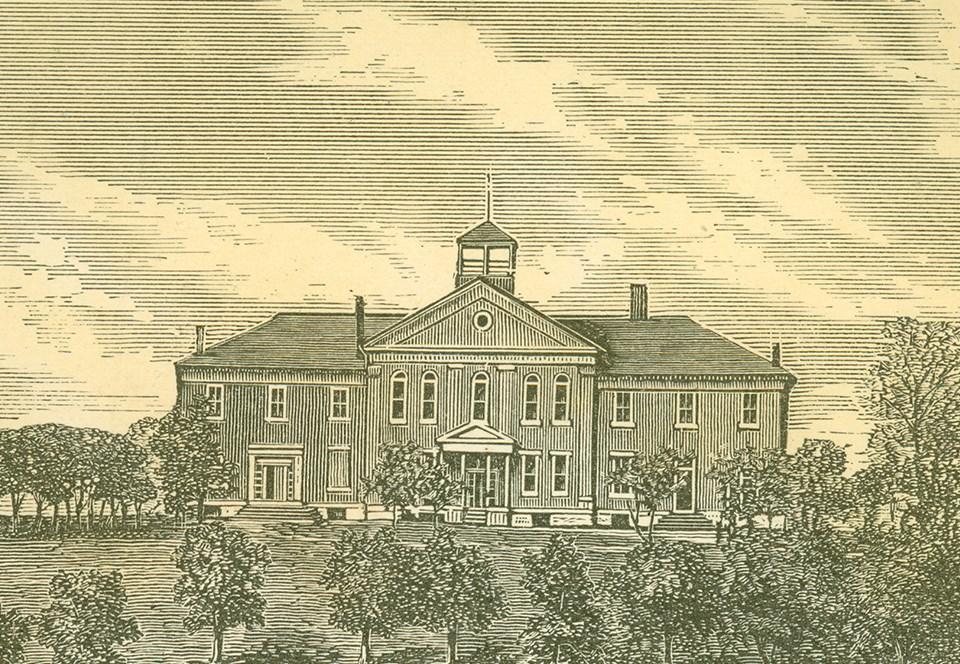 Engraving of large brick building, the sky, and trees to the side and front of the building