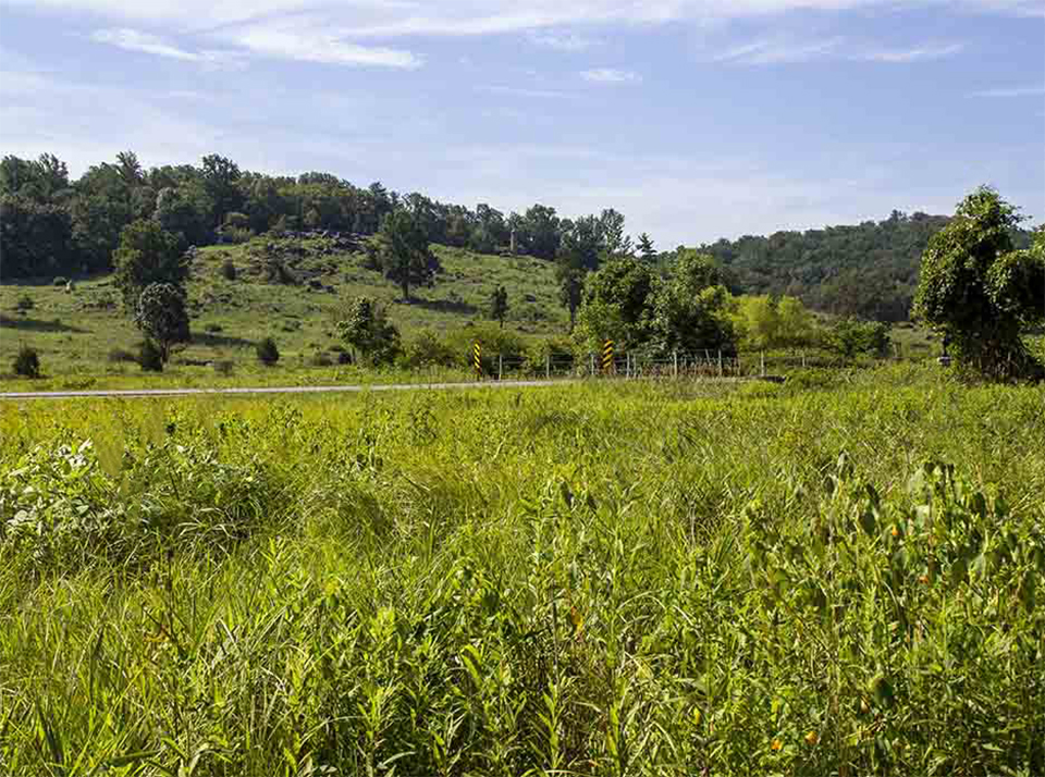The two hills at the southern end of the battlefield are visible: Little Round Top on the left and Big Round Top on the right.