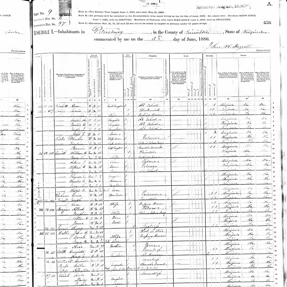 Dinwiddie County Census from June 3 1880. Highlighted is Amy Green who was enslaved at the Whitehill Plantation.